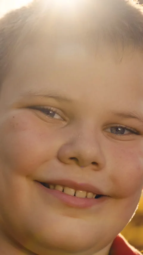 Happy face boy rays sunlight, child kid face close-up, dental smile boy, healthy Stock Footage 266448003