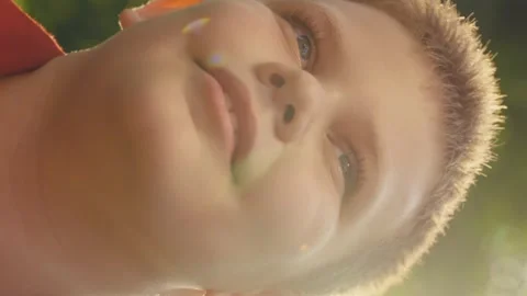 Happy face boy rays sunlight, child kid face close-up, dental smile boy, healthy Stock Footage 272446421