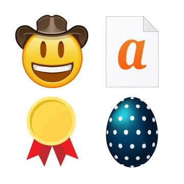 Happy face with hat, file document, golden medal and dark blue easter egg. .. Stock Illustration