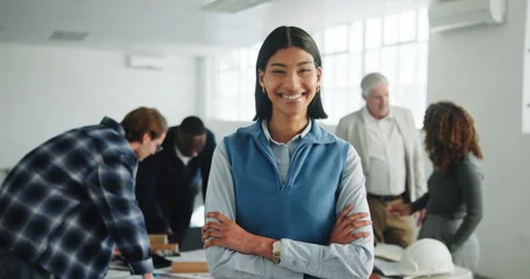 Happy, face or architect in office with arms crossed, project manager or pride Stock Footage 341378615