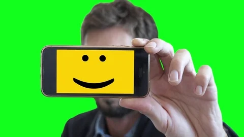 Happy Face Smartphone In Man Hands, Green Screen Background Stock Footage 79926666