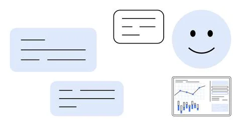 Happy face surrounded by three different-sized text bubbles and a chart with  Illustrazione stock