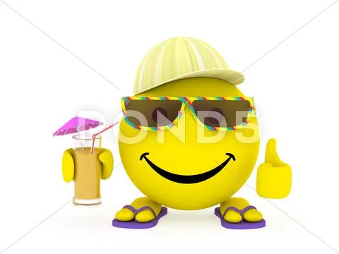 Happy face yellow ball in summer shoes, sunglasses and cap with cocktail in hand Stock Illustration
