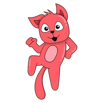 Happy faced red cat dancing happily, doodle icon image kawaii Stock Illustration