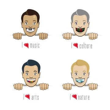 Happy faces with big smile with different shapes and symbols Stock Illustration