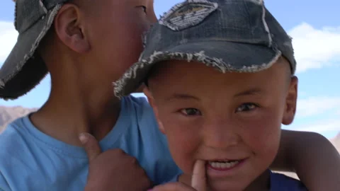 Happy faces closeup of two caucasian kids, outdoor, 4K, DNxHR Video stock 152246741