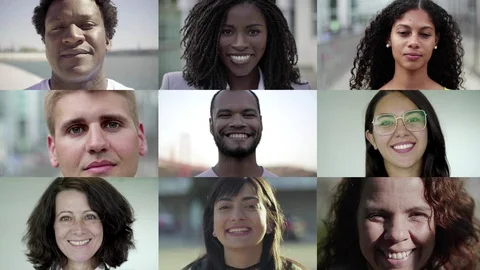 Happy faces of smiling multiethnic people looking at camera Video stock 114572141