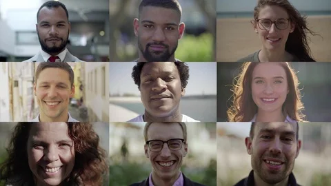 Happy faces of smiling multiethnic people looking at camera Video stock 115951458