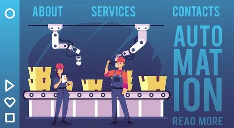 Happy factory workers relaxing while robotic hand packs boxes on conveyor 스톡 일러스트