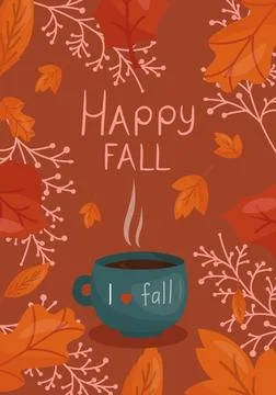 Happy fall postcard, poster with coffee and leaves on the brown background. Stock Illustration