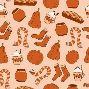 Happy fall seamless pattern with autumn cosy elements on begie 스톡 일러스트