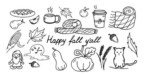 Happy fall yall set doodle vector image happy pumpkin spice seasone Stock Illustration