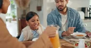 Happy, Family And Lunch With Juice At A Table, Hungry And A Child Excited For A Stock Footage