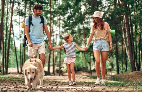 Happy family with backpacks and labrador dog walks in the forest. Camping, tr Stock Photos