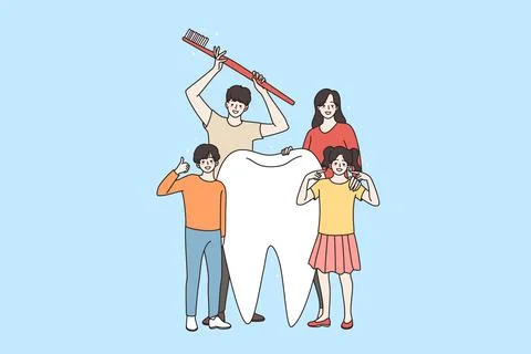 Happy family with children encourage tooth hygiene Stock Illustration