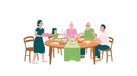 Happy family at dining table for Easter flat color vector detailed characters Stock Illustration