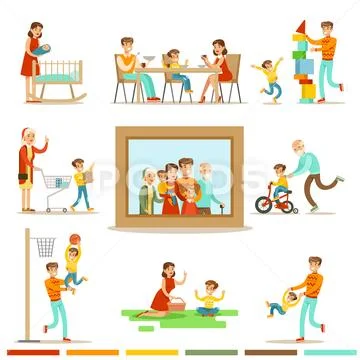 Happy Family Doing Things Together Illustration Surrounding Big Family Portrait Stock Illustration