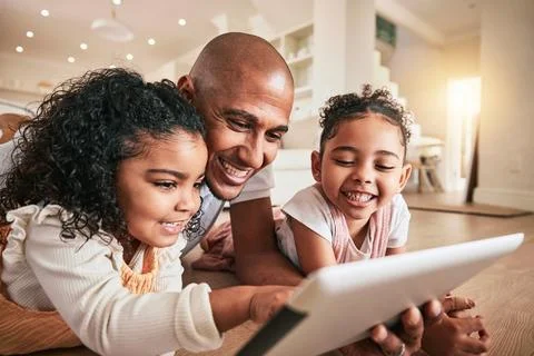 Happy family father, tablet and children elearning, doing kindergarten homework Stock Photos