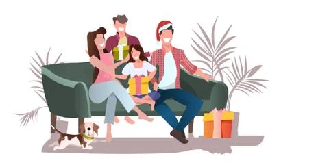 Happy family with gift boxes sitting on sofa merry christmas new year holiday Illustrazione stock
