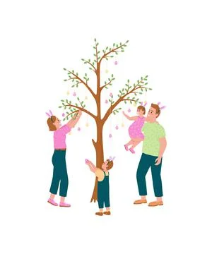 Happy family hanging easter eggs on tree flat color vector detailed character Stock Illustration