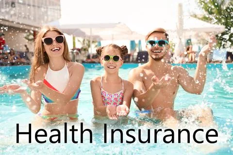 Happy family having fun in pool. Health insurance Stock Photos