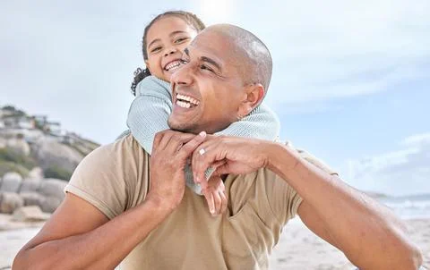 Happy family hug, beach and dad and child having fun, bonding and enjoy quality Stock Photos