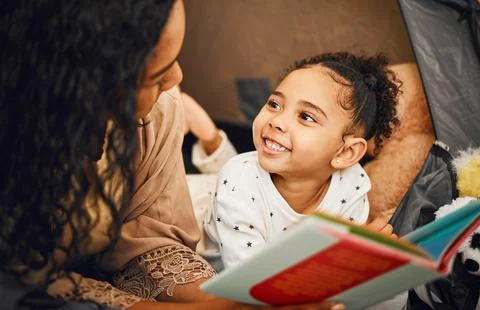 Happy family, mother or child reading story book, cartoon comic books and Stock Photos