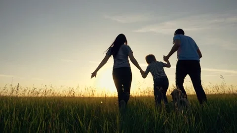 Happy family in the park. Teamwork. Group of people run at sunset. Silhouette Stock Footage