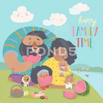 Happy family on a picnic. Dad, mom,daughter and babies are resting in nature Stock Illustration