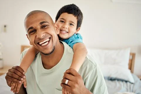 Happy family portrait, bonding and child hug father, papa or dad for morning Stock Photos