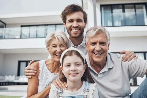 Happy family, smile portrait and new home property, homeowner real estate and Stock Photos
