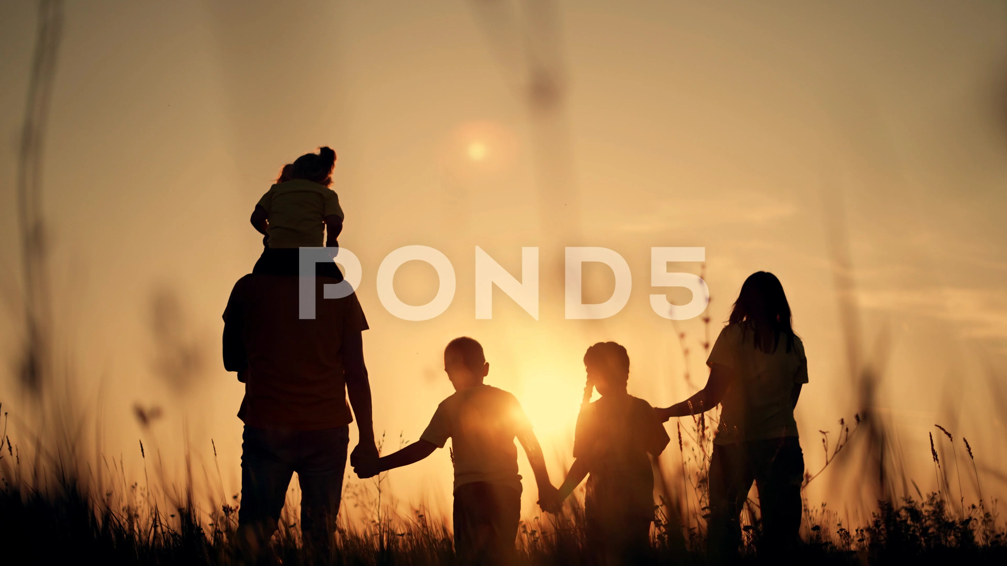 family of 5 holding hands silhouette