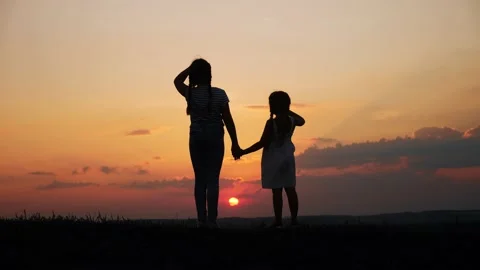 Happy Family Two Sisters Sunset Walks At 