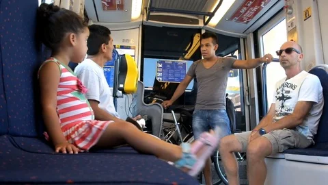 Happy family using the new surface train departing from the outskirts 库存影片 81754462