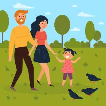 Happy family walks outdoors and feeds pigeons Stock Illustration
