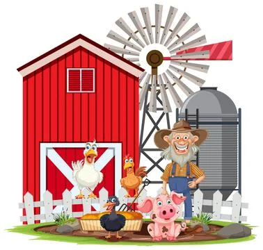 Happy Farmer with Barnyard Animals Stock Illustration