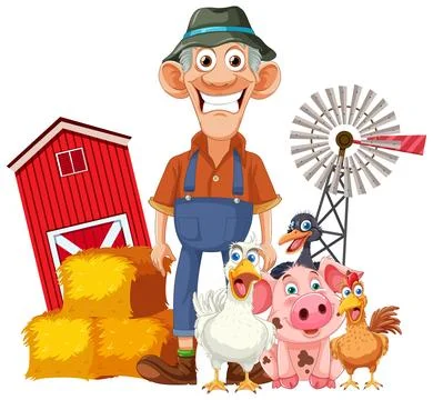 Happy Farmer with Barnyard Animals Stock Illustration