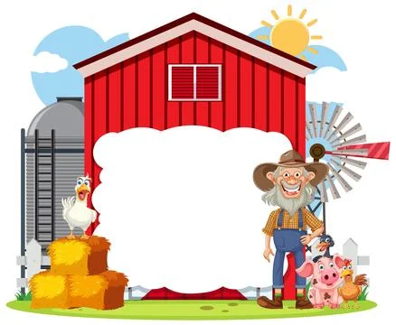 Happy Farmer with Barnyard Animals Stock Illustration