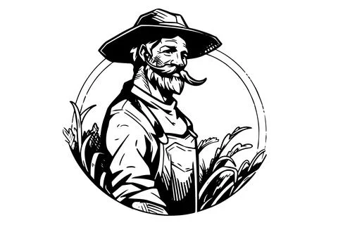 Happy farmer in hat engraving style. Hand drawn ink sketch. Vector logotype Stock Illustration