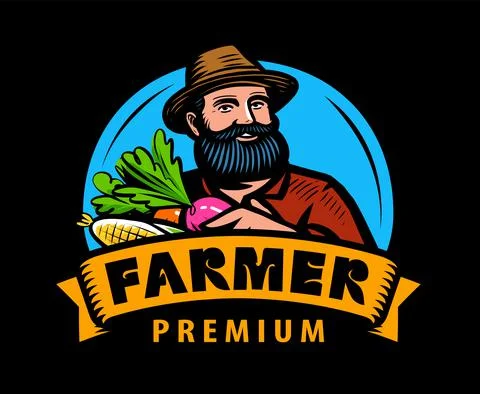 Happy farmer in hat with vegetables logo. Farm, agriculture emblem. Cartoon Stock Illustration