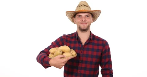 Happy Farmer Worker Man Pose Looking Camera Holding Organic Brown Potatoes Pile Stock Footage 85571592