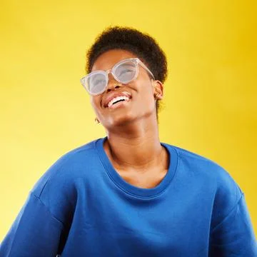 Happy, fashion and glasses with face of black woman in studio for vision, eye Stock Photos