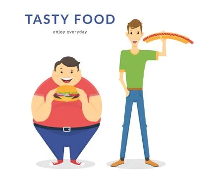 Happy fat and thin men eating a big food Illustrazione stock
