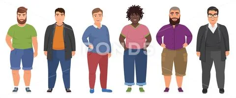 Happy fat man set in casual clothes. Funny cartoon bigg guys characters Stock Illustration