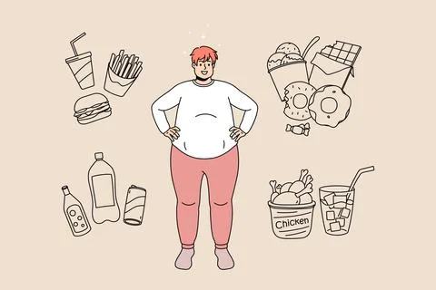 Happy fat man surrounded by junk food products Illustrazione stock