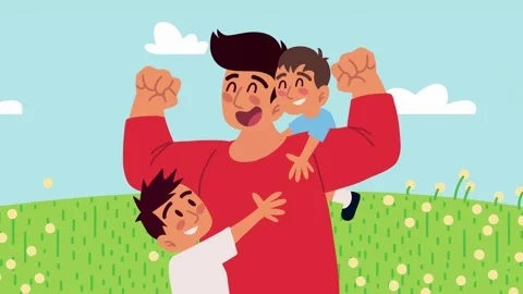 Happy father playing with his two sons in a sunny field Stock Footage 334105183