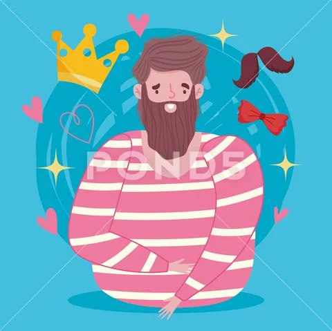 Happy fathers day, bearded man with crown moustache and bow tie Stock Illustration