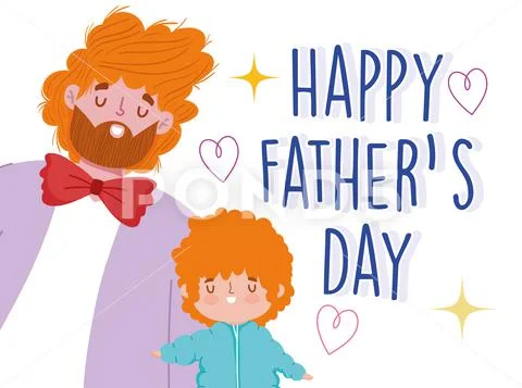 Happy fathers day, dad and son with curly hair cartoon celebration Stock Illustration