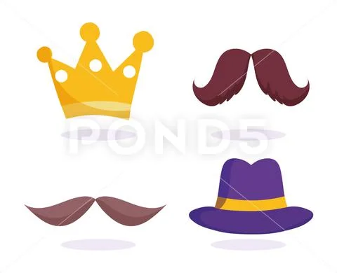 Happy fathers day, gold crown moustache hat icons set Stock Illustration
