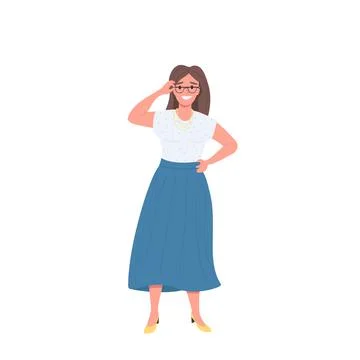 Happy female with glasses flat color vector faceless character Illustrazione stock